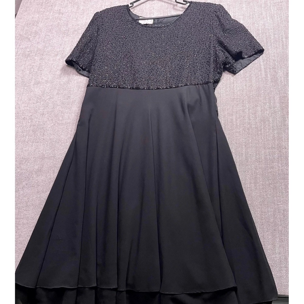 Vintage Laurence Kazar A Line Dress Womens 1X Black Beaded Back Zip Cocktail